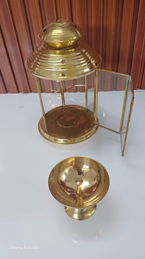 Brass Akhand Glass Jyoti Diya Stand 462g